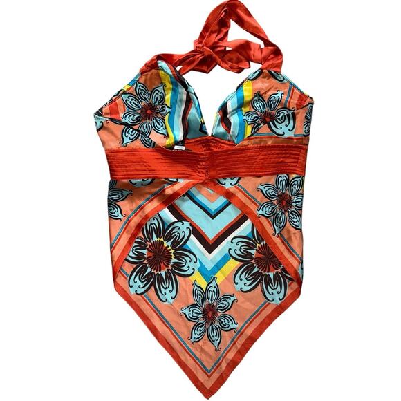 Bebe Silk Hankerchief Backless Lined Cups Colorful Halter Tie Back Clasp Sz XS - Picture 3 of 4